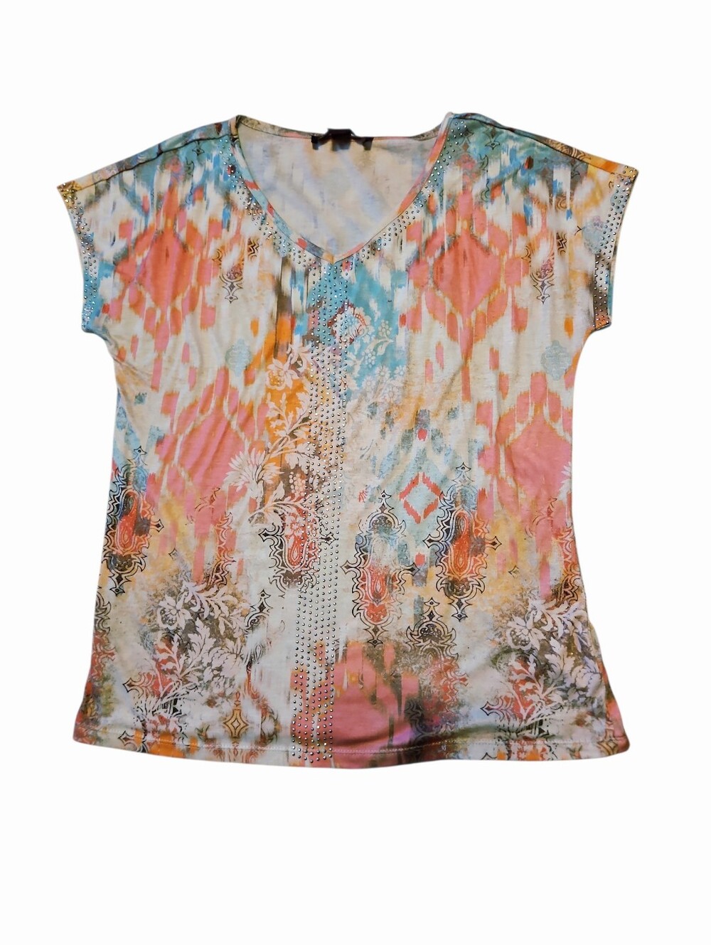 Women's Multicolor V-Neck Printed Short Sleeve Top Size Small Paisley